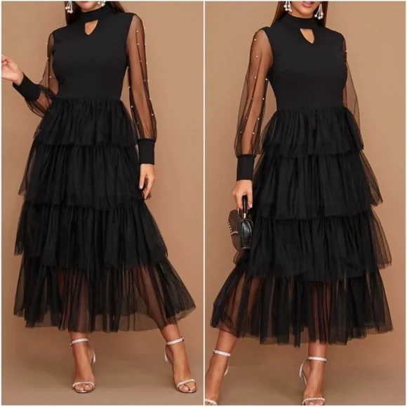 Couture Gypsy | Dresses | Luxe Black Sheer Sleeve Tiered Evening Party Dress  Xs S M L Xl | Poshmark